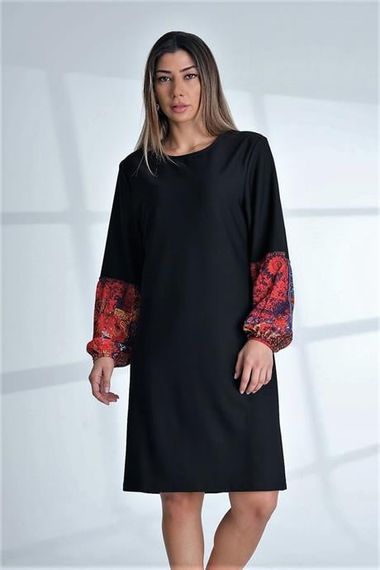 Markano Black Crew Neck Colorful Balloon Sleeve Knee Length Dress - photo 4