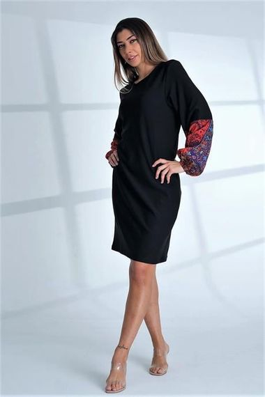 Markano Black Crew Neck Colorful Balloon Sleeve Knee Length Dress - photo 3