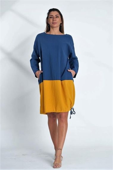 Markano Saks Blue Crew Neck Long Sleeve Skirt Gathered Pocket Blocked Linen Dress - photo 2