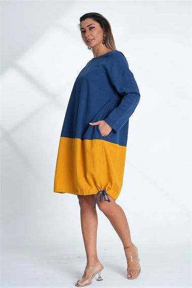 Markano Saks Blue Crew Neck Long Sleeve Skirt Gathered Pocket Blocked Linen Dress - photo 3