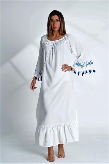 Markano White Carmen Collar Sleeves Embroidered Tasseled Oversize Long Dress - photo 4