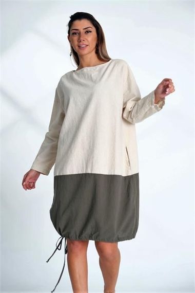 Markano Beige Crew Neck Long Sleeve Skirt Gathered Pocket Blocked Linen Dress - photo 3