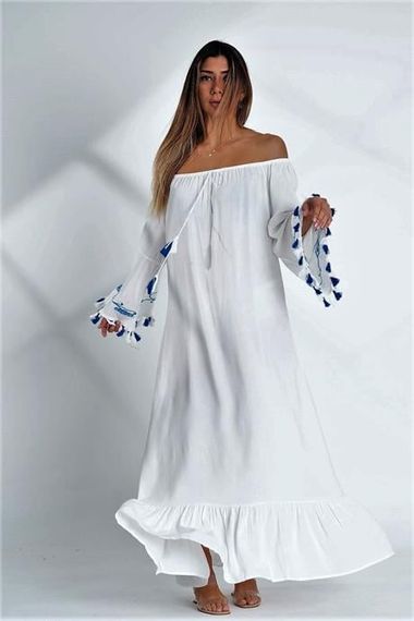 Markano White Carmen Collar Sleeves Embroidered Tasseled Oversize Long Dress - photo 1