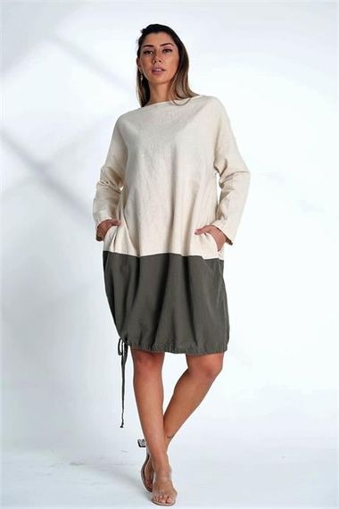 Markano Beige Crew Neck Long Sleeve Skirt Gathered Pocket Blocked Linen Dress - photo 1