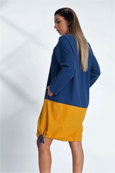 Markano Saks Blue Crew Neck Long Sleeve Skirt Gathered Pocket Blocked Linen Dress - photo 5