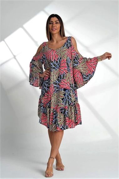 Markano Pink Shoulder Window Palm Tree Pattern Sleeves Flounce Oversize Dress - photo 4