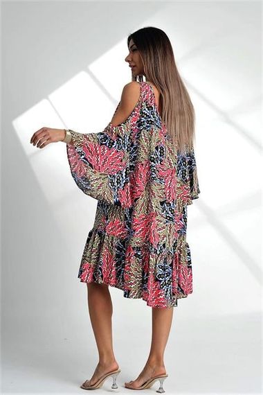 Markano Pink Shoulder Window Palm Tree Pattern Sleeves Flounce Oversize Dress - photo 5