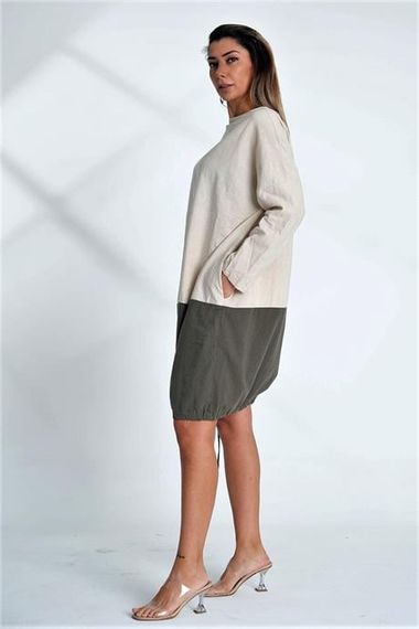 Markano Beige Crew Neck Long Sleeve Skirt Gathered Pocket Blocked Linen Dress - photo 4