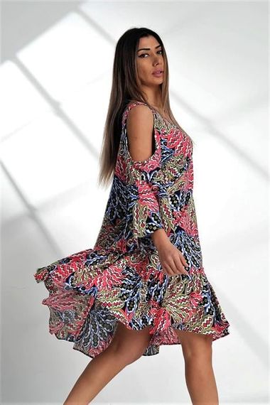 Markano Pink Shoulder Window Palm Tree Pattern Sleeves Flounce Oversize Dress - photo 3