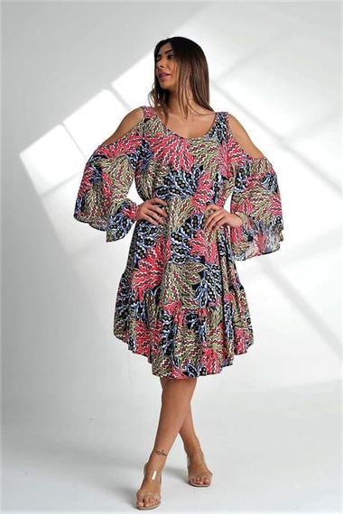 Markano Pink Shoulder Window Palm Tree Pattern Sleeves Flounce Oversize Dress - photo 2