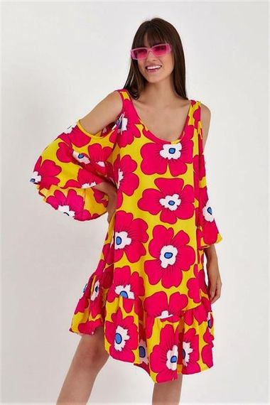 Markano Yellow Pink Shoulder Window Large Flower Pattern Sleeves Flounce Oversize Dress - photo 3