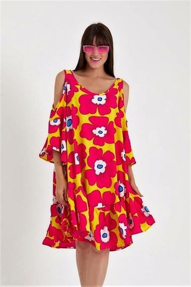 Markano Yellow Pink Shoulder Window Large Flower Pattern Sleeves Flounce Oversize Dress - photo 2