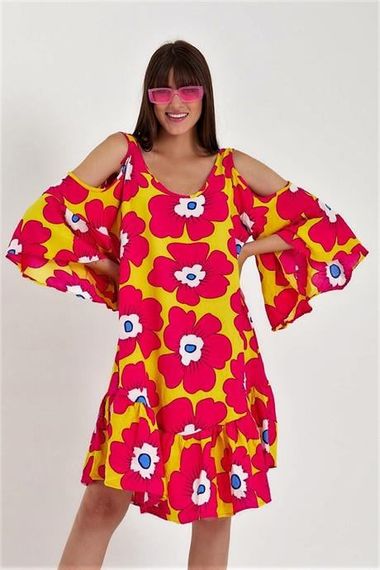 Markano Yellow Pink Shoulder Window Large Flower Pattern Sleeves Flounce Oversize Dress - photo 4