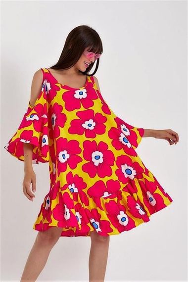 Markano Yellow Pink Shoulder Window Large Flower Pattern Sleeves Flounce Oversize Dress - photo 1