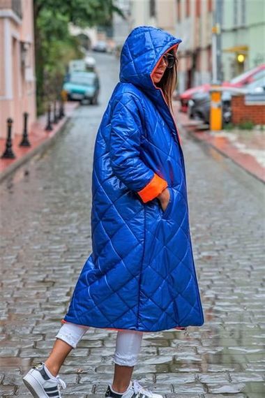 Markano Saks Blue Hooded Lining Colorful Diamond Pattern Long Puffer Coat - photo 5