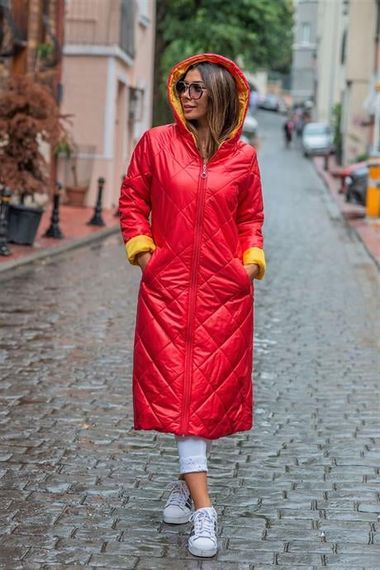 Markano Red Hooded Lining Yellow Colored Diamond Pattern Long Puffer Coat - photo 3