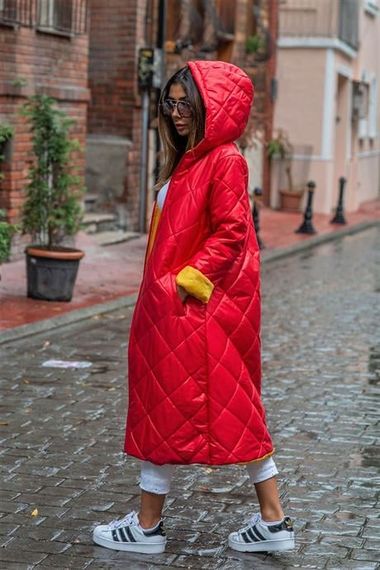 Markano Red Hooded Lining Yellow Colored Diamond Pattern Long Puffer Coat - photo 5