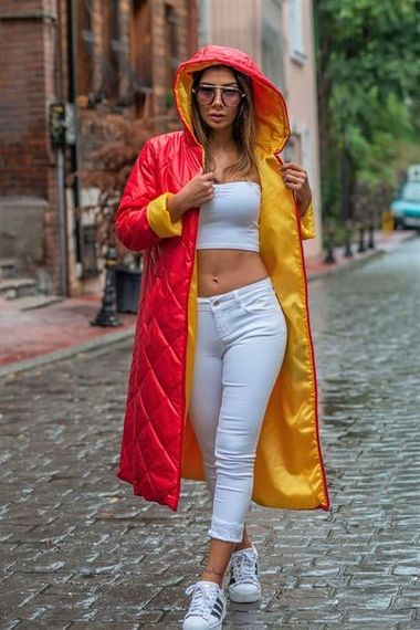 Markano Red Hooded Lining Yellow Colored Diamond Pattern Long Puffer Coat - photo 1