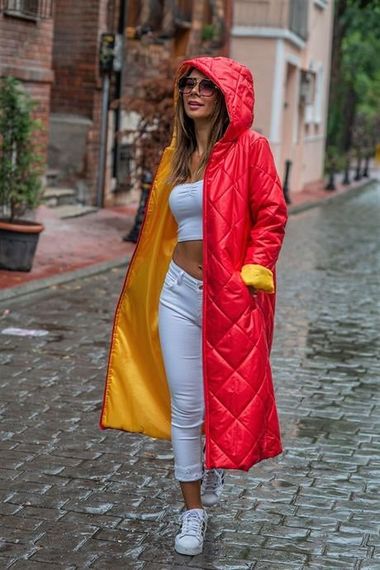 Markano Red Hooded Lining Yellow Colored Diamond Pattern Long Puffer Coat - photo 4