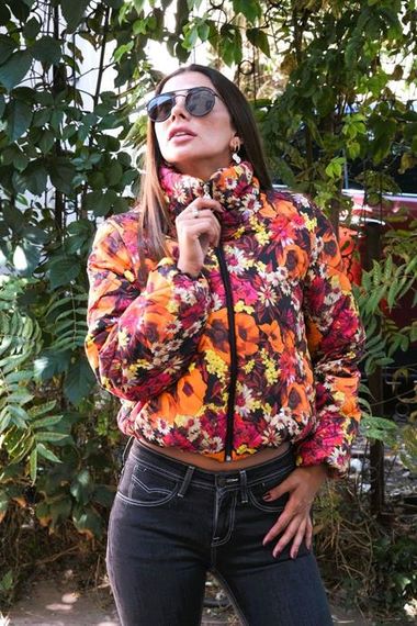 Markano Orange Stand-Up Collar Floral Short Puffer Coat - photo 3