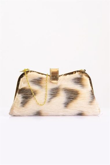 Markano Beige Patterned Faux Fur Chain Hand and Shoulder Clutch Portfolio Bag - photo 3