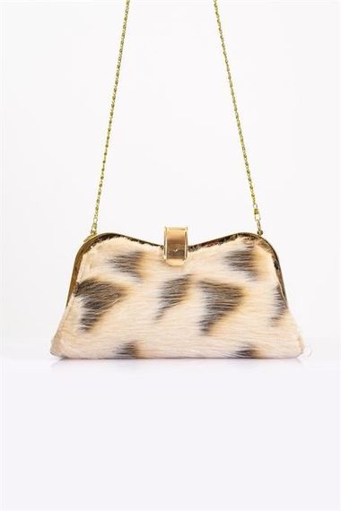 Markano Beige Patterned Faux Fur Chain Hand and Shoulder Clutch Portfolio Bag - photo 1