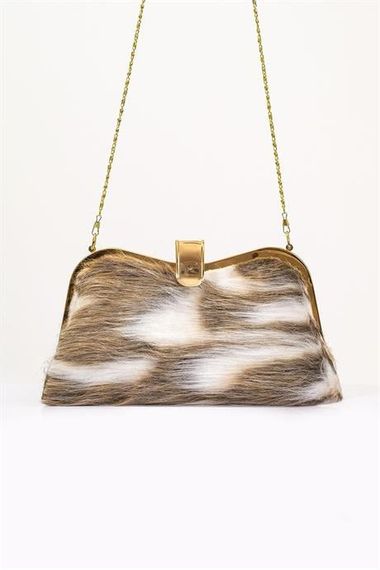 Markano Brown Patterned Faux Fur Chain Hand and Shoulder Clutch Portfolio Bag - photo 1