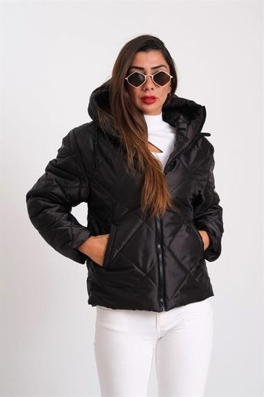 Markano Black Hooded Diamond Pattern Puffer Coat - photo 4