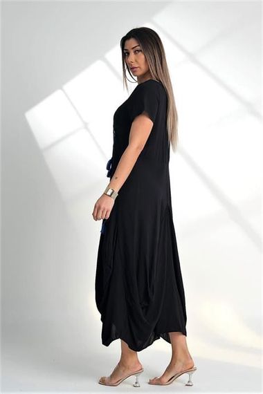 Markano Black Crew Neck Ottoman Embroidered Asymmetrical Long Dress with Tassels and Pockets - photo 5