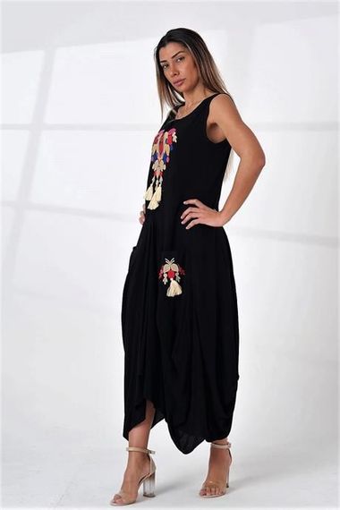 Markano Black Crew Neck Heart Embroidered Sleeveless Pocket Asymmetric Cut Long Dress - photo 4