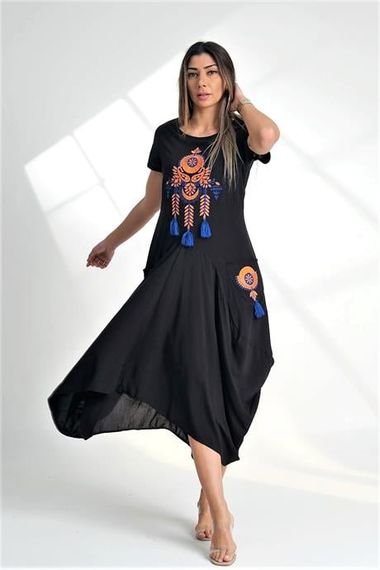 Markano Black Crew Neck Ottoman Embroidered Asymmetrical Long Dress with Tassels and Pockets - photo 4