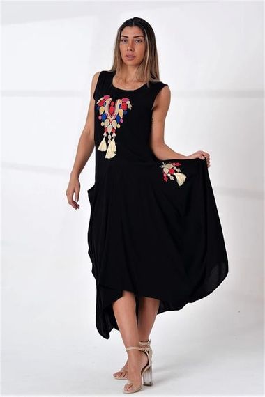 Markano Black Crew Neck Heart Embroidered Sleeveless Pocket Asymmetric Cut Long Dress - photo 3