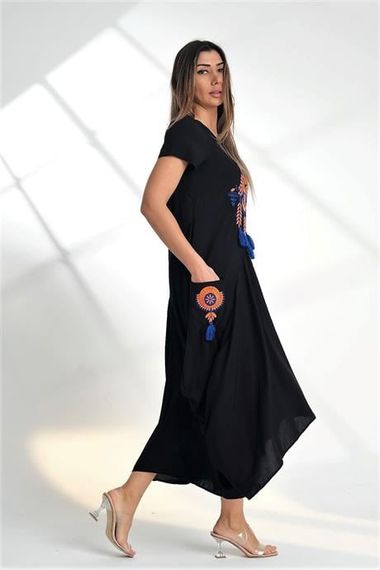 Markano Black Crew Neck Ottoman Embroidered Asymmetrical Long Dress with Tassels and Pockets - photo 3