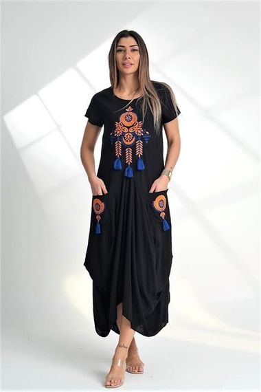 Markano Black Crew Neck Ottoman Embroidered Asymmetrical Long Dress with Tassels and Pockets - photo 2