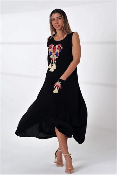 Markano Black Crew Neck Heart Embroidered Sleeveless Pocket Asymmetric Cut Long Dress - photo 2