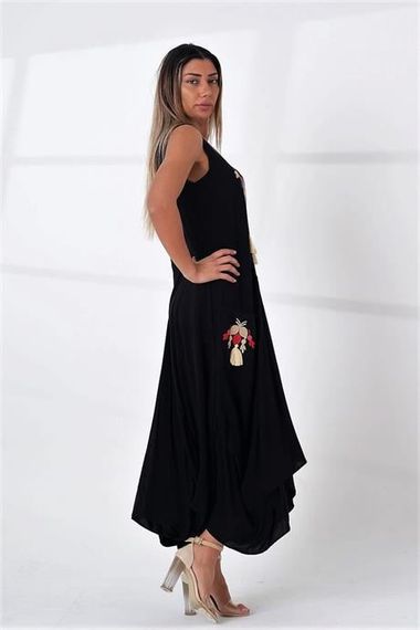 Markano Black Crew Neck Heart Embroidered Sleeveless Pocket Asymmetric Cut Long Dress - photo 5