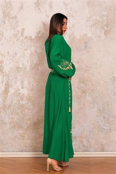 Markano Green Balloon Sleeve Belted Halter Neck Long Dress with Embroidered Sleeves and Hem - photo 5