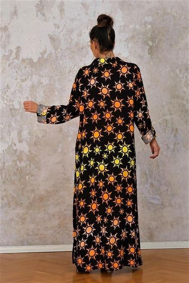 Markano Black Sun Patterned Shirt Collar Sleeve Adjustable Oversize Long Dress - photo 5