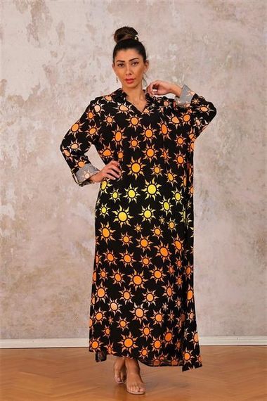 Markano Black Sun Patterned Shirt Collar Sleeve Adjustable Oversize Long Dress - photo 4