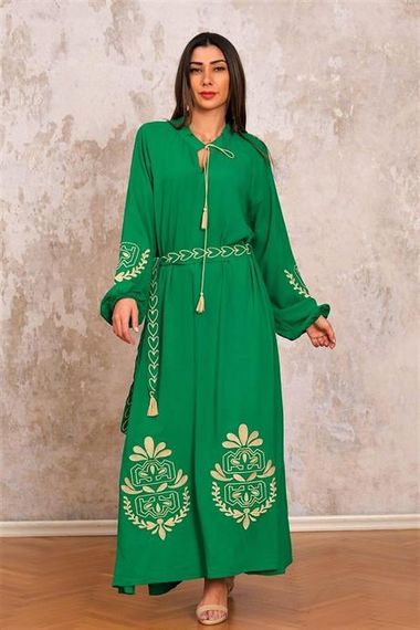 Markano Green Balloon Sleeve Belted Halter Neck Long Dress with Embroidered Sleeves and Hem - photo 4