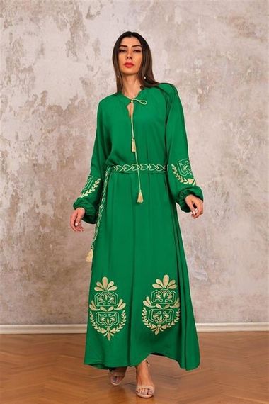 Markano Green Balloon Sleeve Belted Halter Neck Long Dress with Embroidered Sleeves and Hem - photo 2