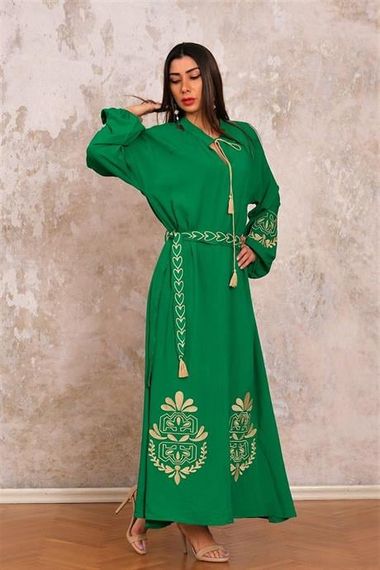 Markano Green Balloon Sleeve Belted Halter Neck Long Dress with Embroidered Sleeves and Hem - photo 3