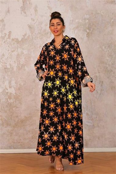 Markano Black Sun Patterned Shirt Collar Sleeve Adjustable Oversize Long Dress - photo 2