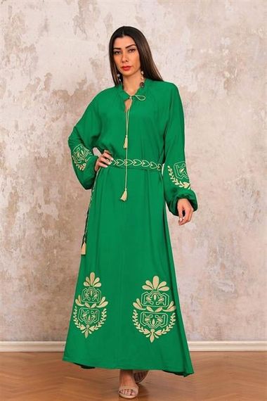 Markano Green Balloon Sleeve Belted Halter Neck Long Dress with Embroidered Sleeves and Hem - photo 1