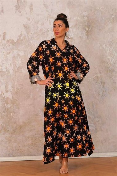 Markano Black Sun Patterned Shirt Collar Sleeve Adjustable Oversize Long Dress - photo 1