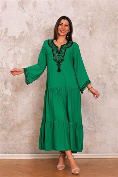 Markano Green Collar Embroidered Sleeve Flounce Embroidered Layered Long Dress - photo 3