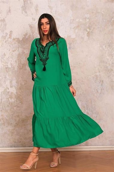 Markano Green Collar Embroidered Sleeve Flounce Embroidered Layered Long Dress - photo 4