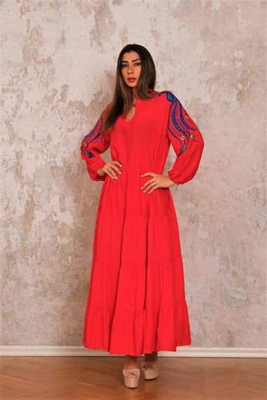 Markano Red V-Neck Sleeves Embroidered Tasseled Long Dress - photo 2