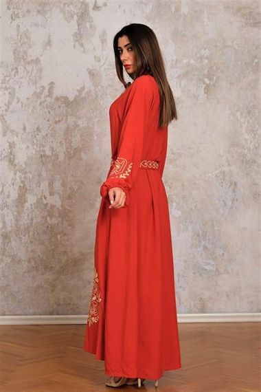 Markano Brick Color Balloon Sleeve Belted Halter Neck Long Dress with Embroidered Sleeves and Hem - photo 5