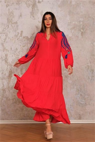 Markano Red V-Neck Sleeves Embroidered Tasseled Long Dress - photo 1